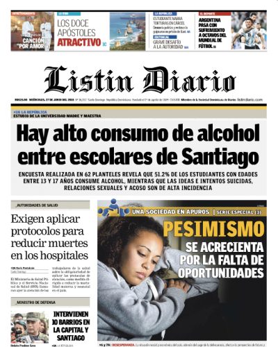 Portada Periódico Listín Diario, Miércoles 27 de Junio 2018