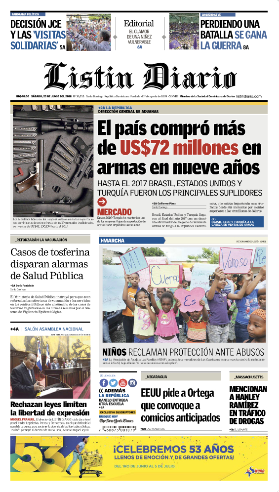 Portada Periódico Listín Diario, Sábado 23 de Junio 2018