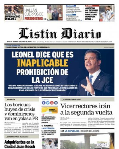 Portada Periódico Listín Diario, Viernes 22 de Junio 2018