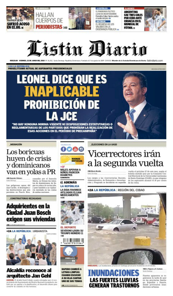 Portada Periódico Listín Diario, Viernes 22 de Junio 2018