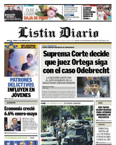 Portada Periódico Listín Diario, Viernes 29 de Junio 2018