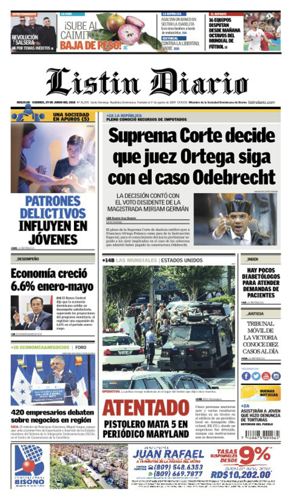 Portada Periódico Listín Diario, Viernes 29 de Junio 2018