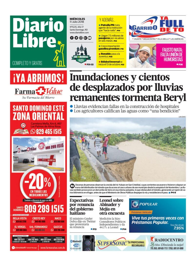 Portada Periódico Diario Libre, Miércoles 11 de Julio 2018