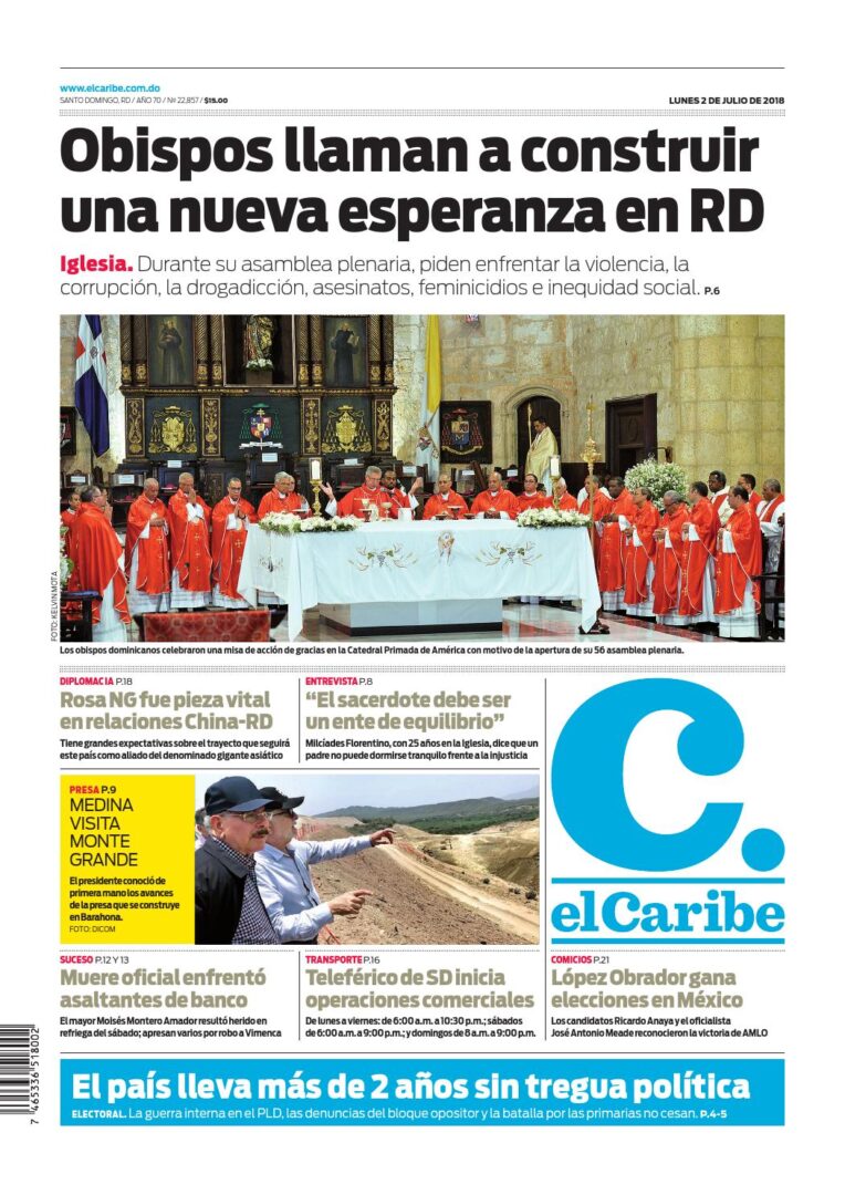 Portada Periódico El Caribe, Lunes 02 Julio 2018