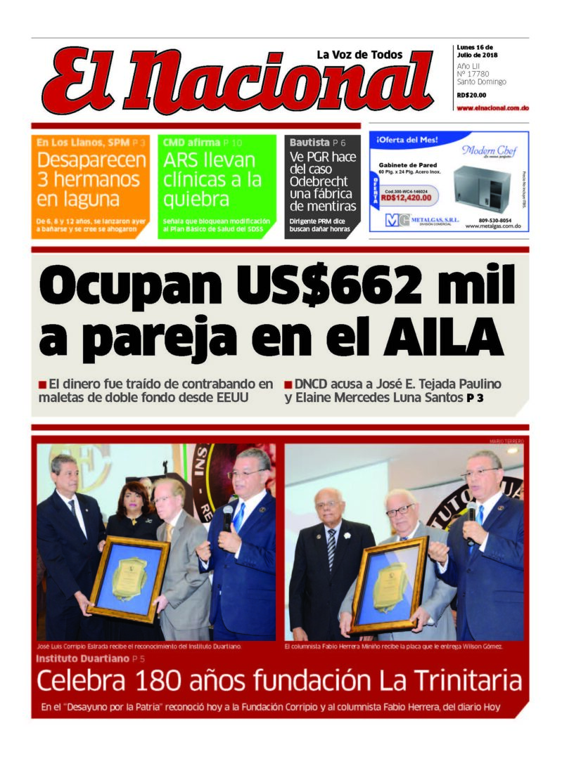 Portada Periódico El Caribe, Lunes 16 de Julio 2018