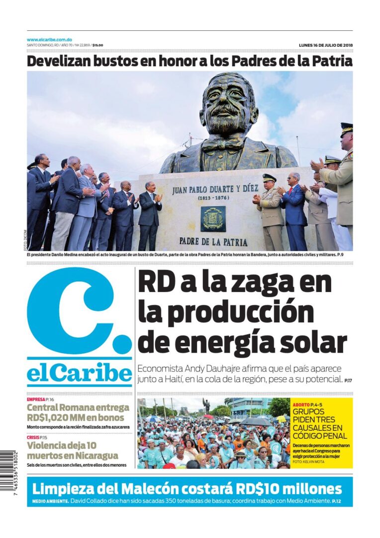 Portada Periódico El Caribe, Lunes 16 de Julio 2018