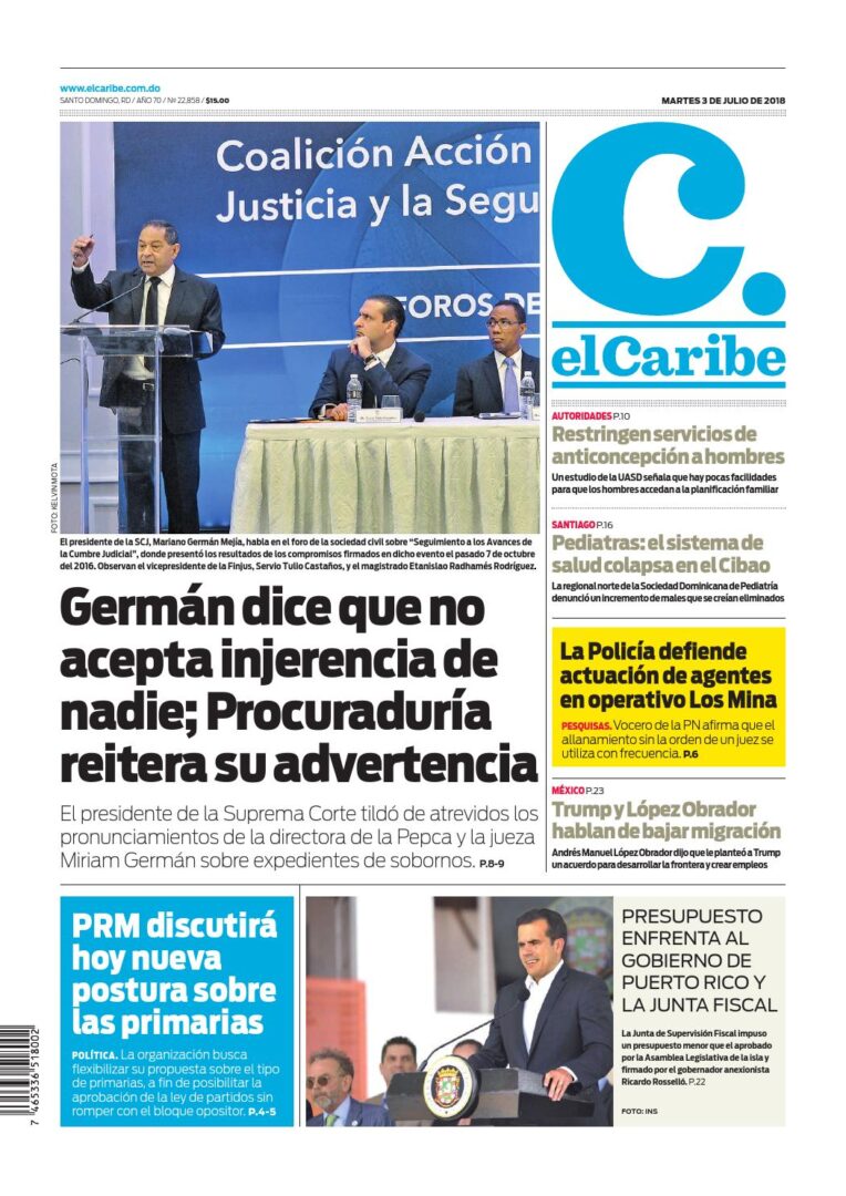 Portada Periódico El Caribe, Martes 03 de Julio 2018