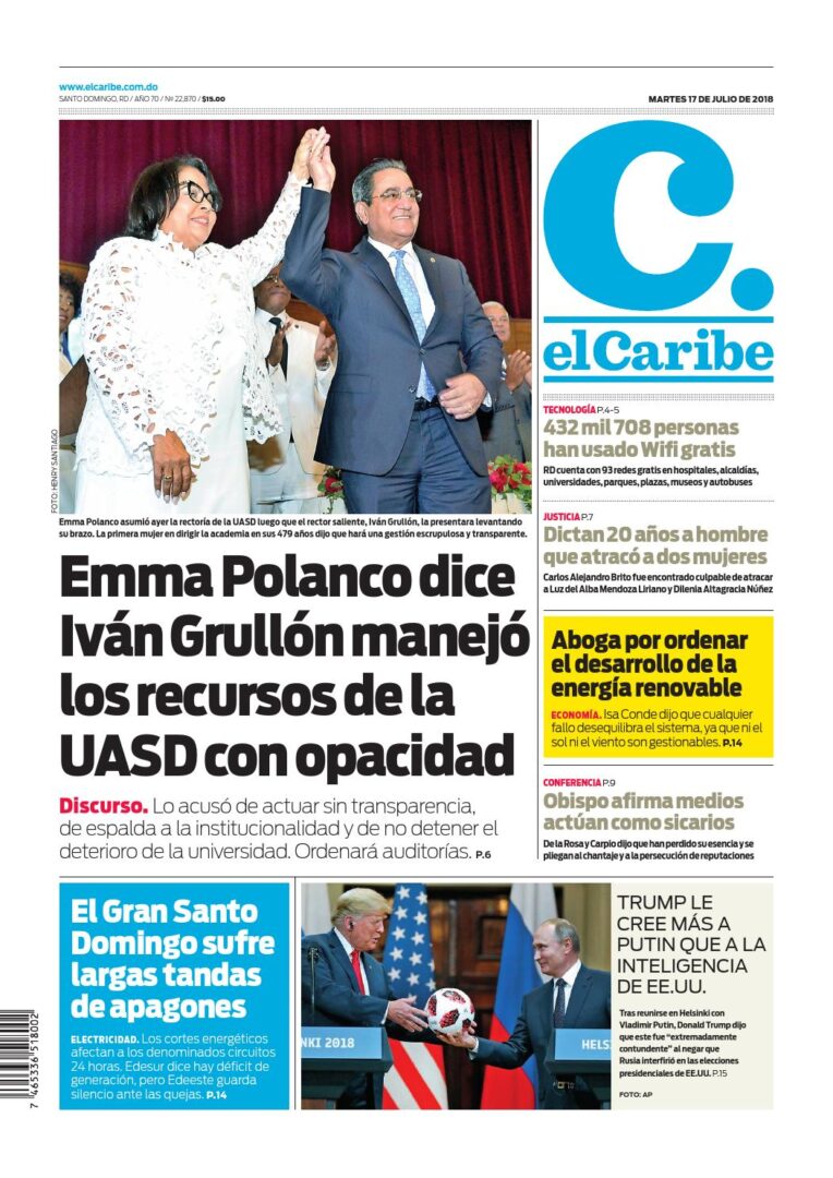 Portada Periódico El Caribe, Martes 17 de Julio 2018