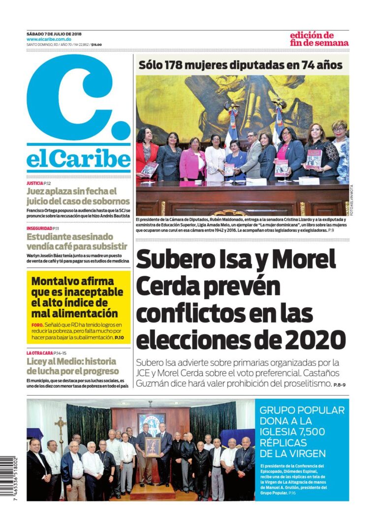 Portada Periódico El Caribe, Sábado 07 de Julio 2018