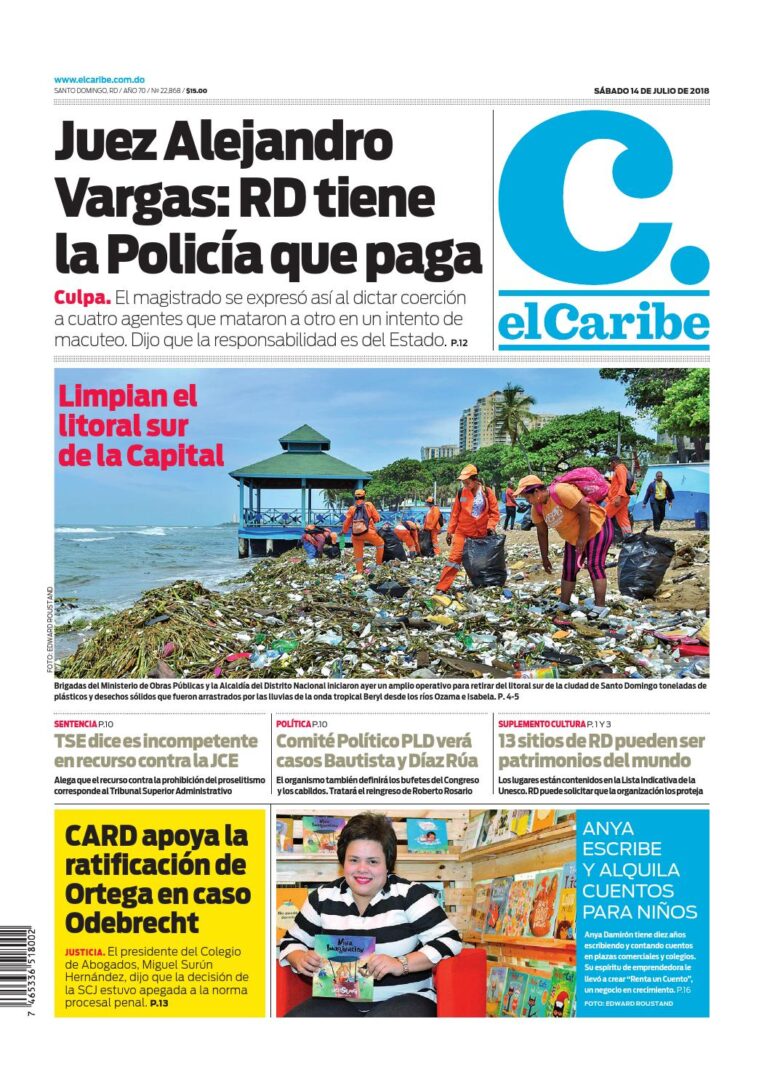 Portada Periódico El Caribe, Sábado 14 de Julio 2018