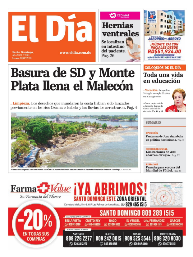 Portada Periódico El Día, Lunes 16 de Julio 2018
