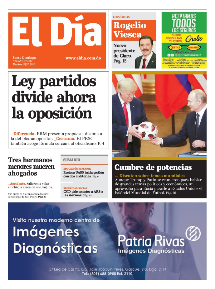 Portada Periódico El Día, Martes 17 de Julio 2018