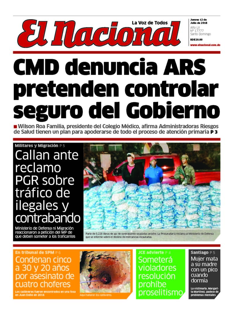 Portada Periódico El Nacional, Jueves 12 de Julio 2018
