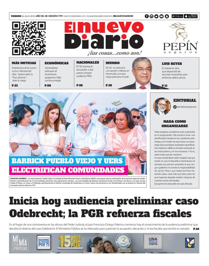 Portada Periódico El Nuevo Diario, Viernes 06 de Julio 2018