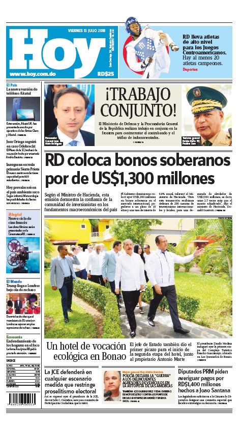 Portada Periódico Hoy, Lunes 16 de Julio 2018