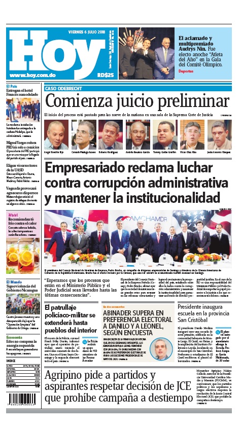 Portada Periódico Hoy, Viernes 06 de Julio 2018