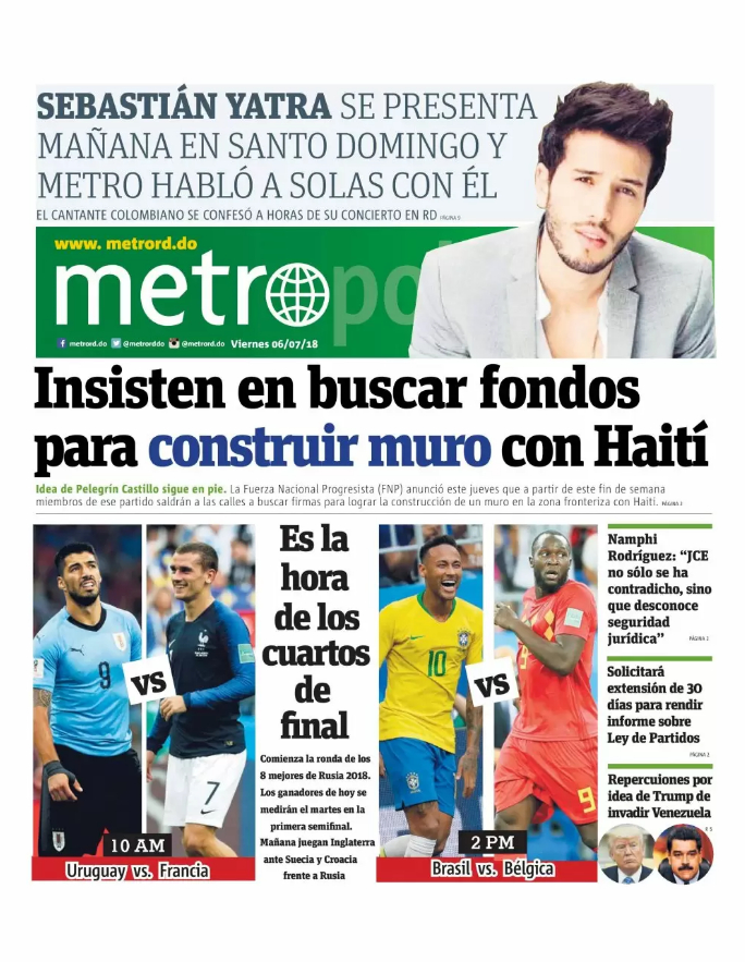 Portada Periódico Metro, Viernes 06 de Julio 2018