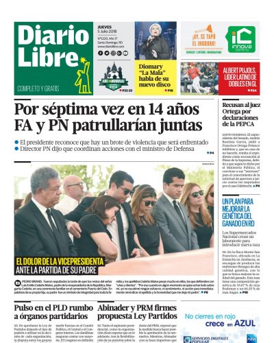 Portada Periódico Diario Libre, Jueves 05 de Julio 2018