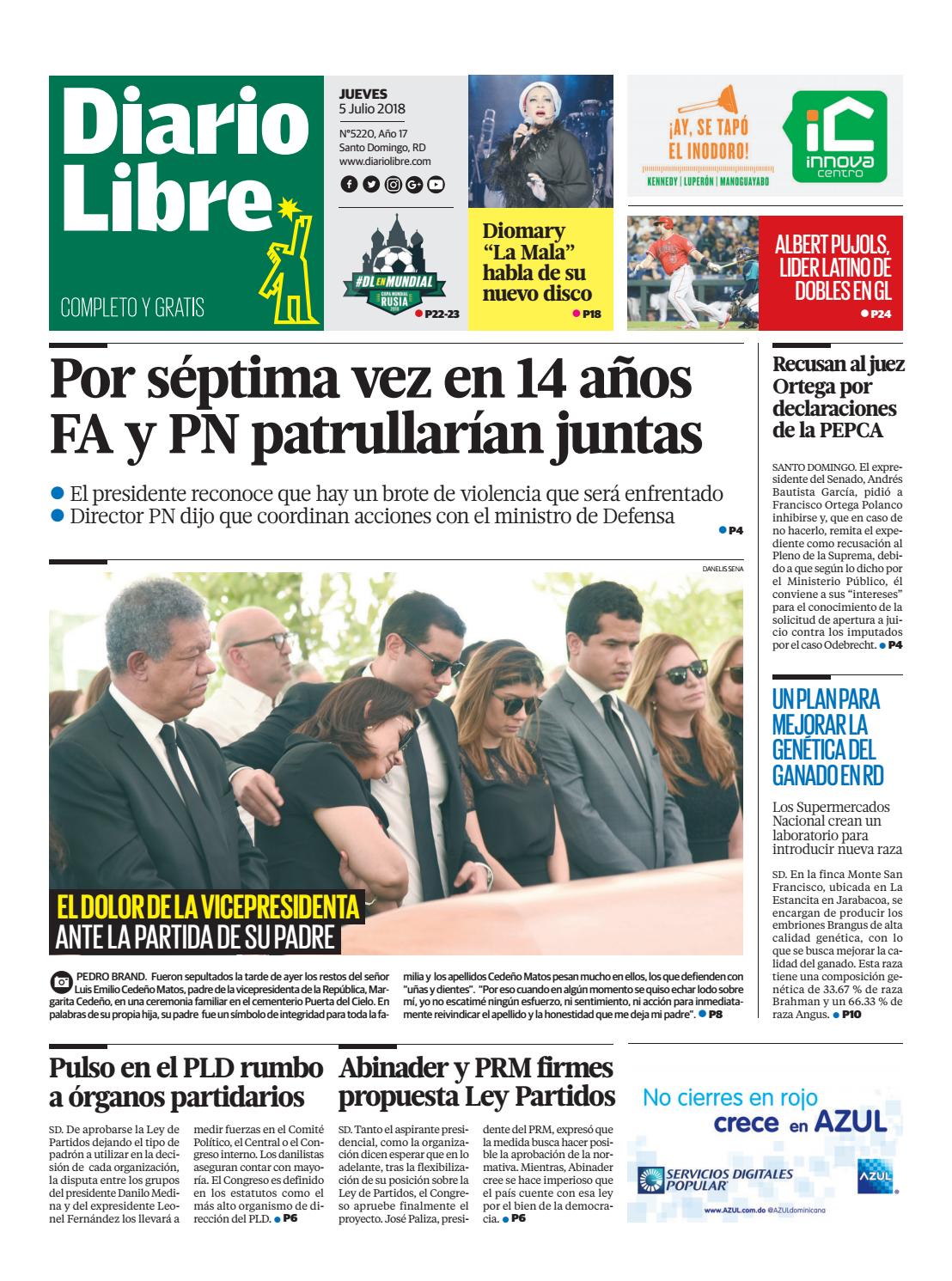 Portada Periódico Diario Libre, Jueves 05 de Julio 2018