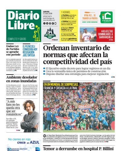 Portada Periódico Diario Libre, Jueves 12 de Julio 2018