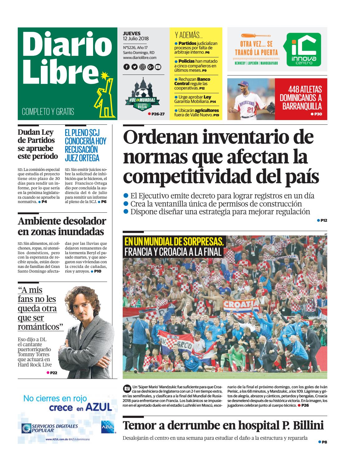 Portada Periódico Diario Libre, Jueves 12 de Julio 2018