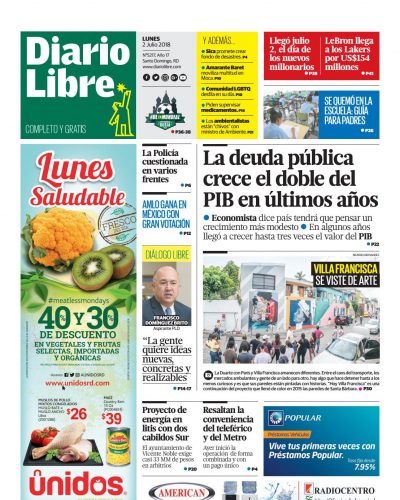 Portada Periódico Diario Libre, Lunes 02 de Julio 2018