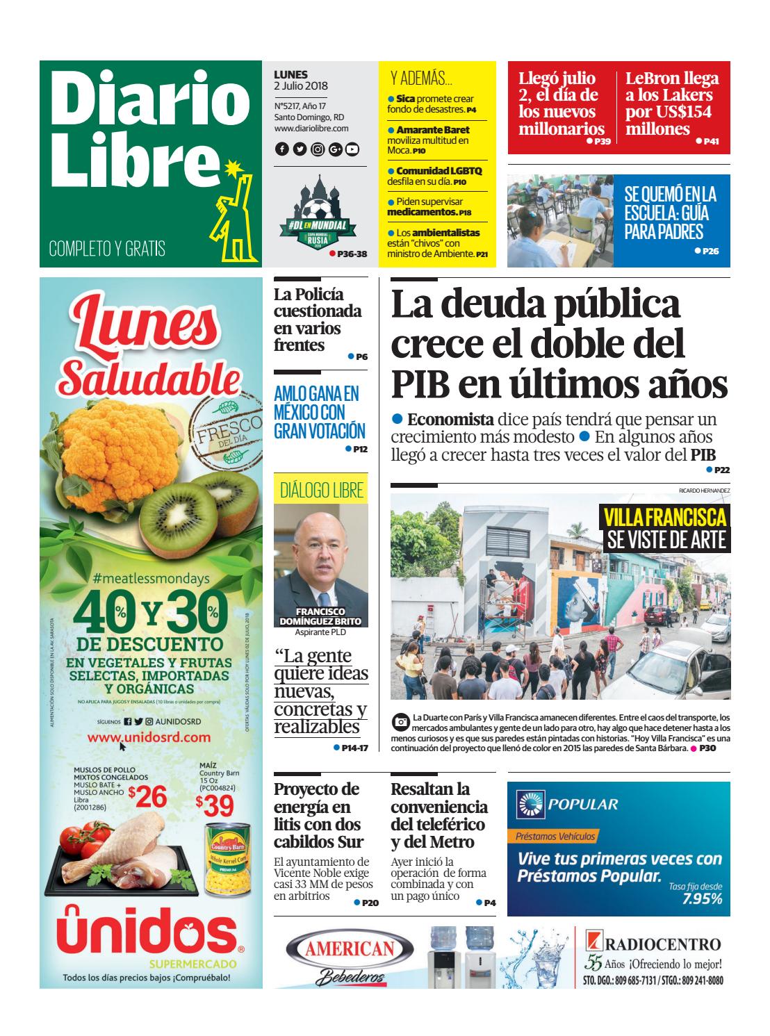 Portada Periódico Diario Libre, Lunes 02 de Julio 2018