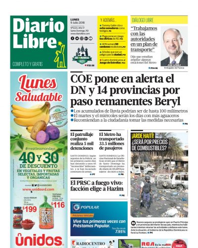 Portada Periódico Diario Libre, Lunes 09 de Julio 2018