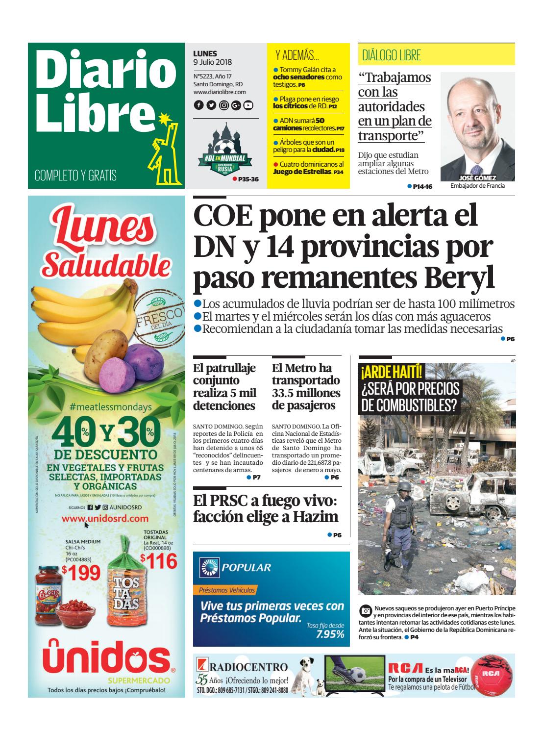 Portada Periódico Diario Libre, Lunes 09 de Julio 2018