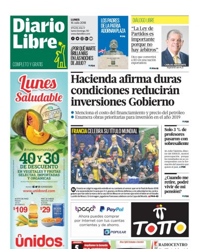 Portada Periódico Diario Libre, Lunes 16 de Julio 2018