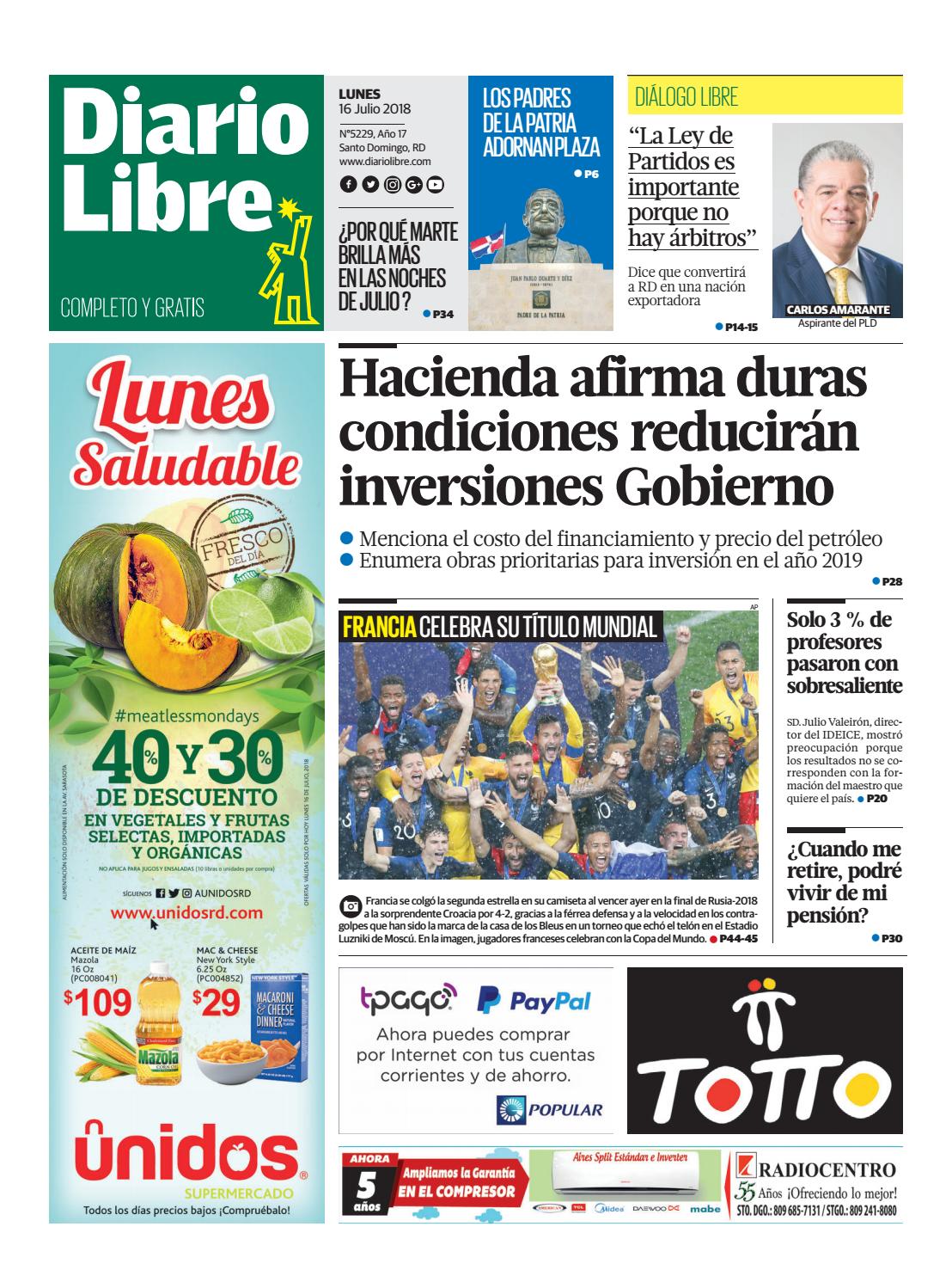 Portada Periódico Diario Libre, Lunes 16 de Julio 2018