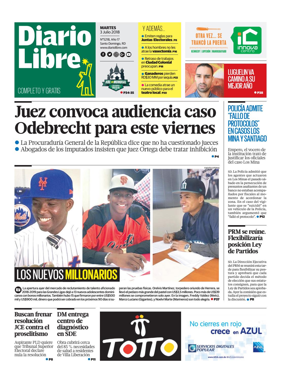 Portada Periódico Diario Libre, Martes 03 de Julio 2018