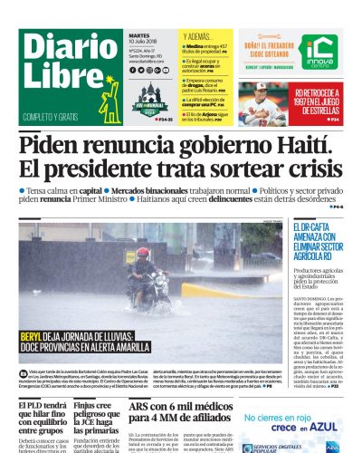 Portada Periódico Diario Libre, Martes 10 de Julio 2018