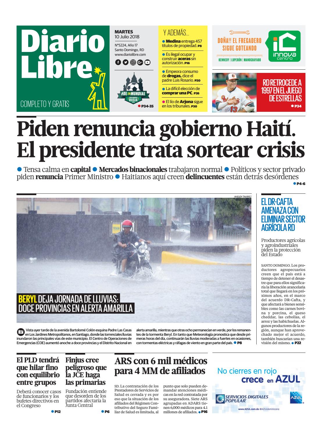 Portada Periódico Diario Libre, Martes 10 de Julio 2018