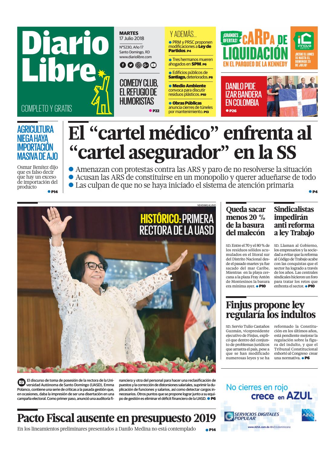 Portada Periódico Diario Libre, Martes 17 de Julio 2018