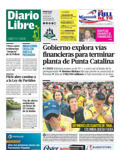 Portada Periódico Diario Libre, Miércoles 04 de Julio 2018