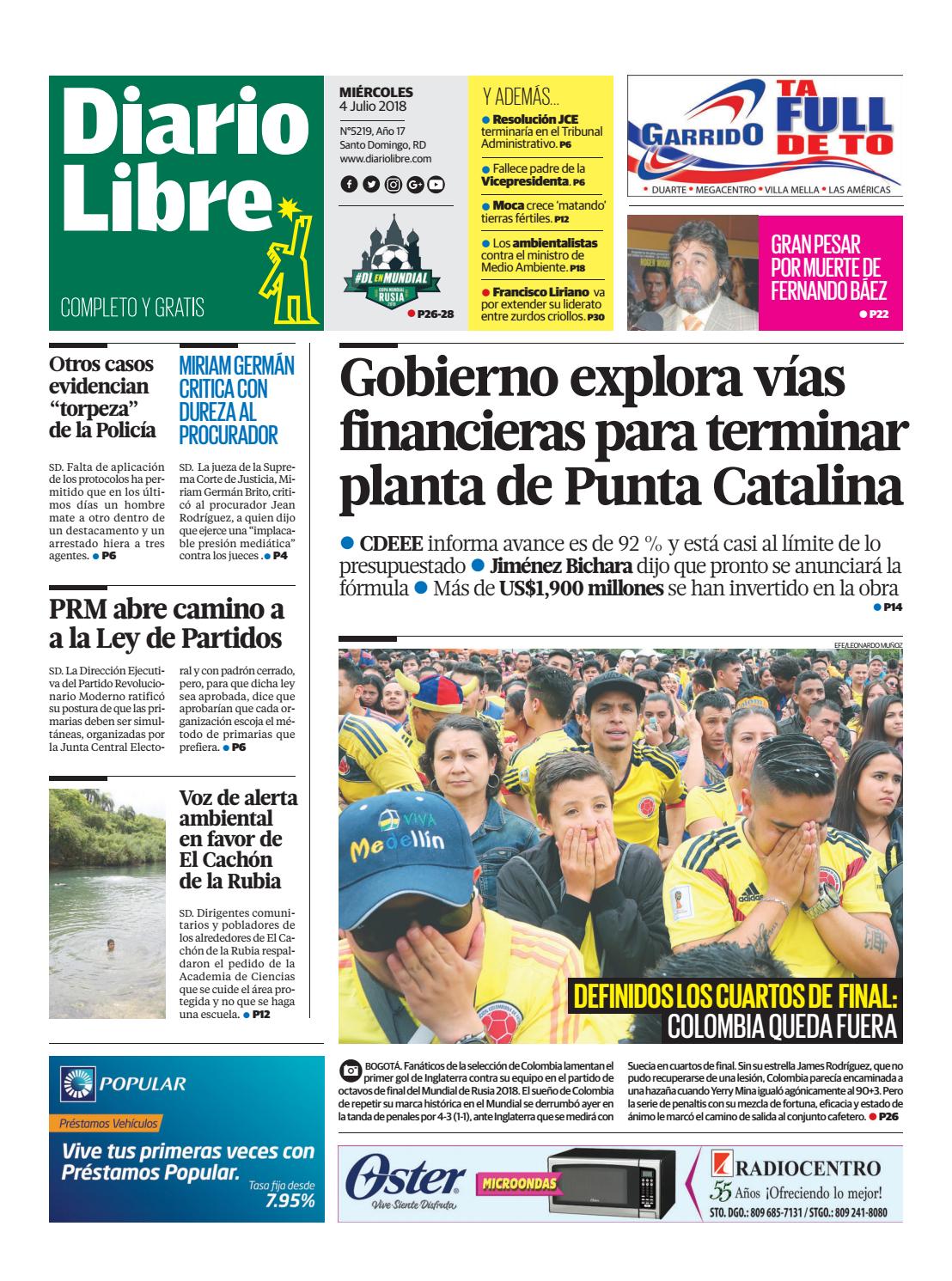 Portada Periódico Diario Libre, Miércoles 04 de Julio 2018