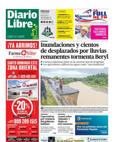 Portada Periódico Diario Libre, Miércoles 11 de Julio 2018