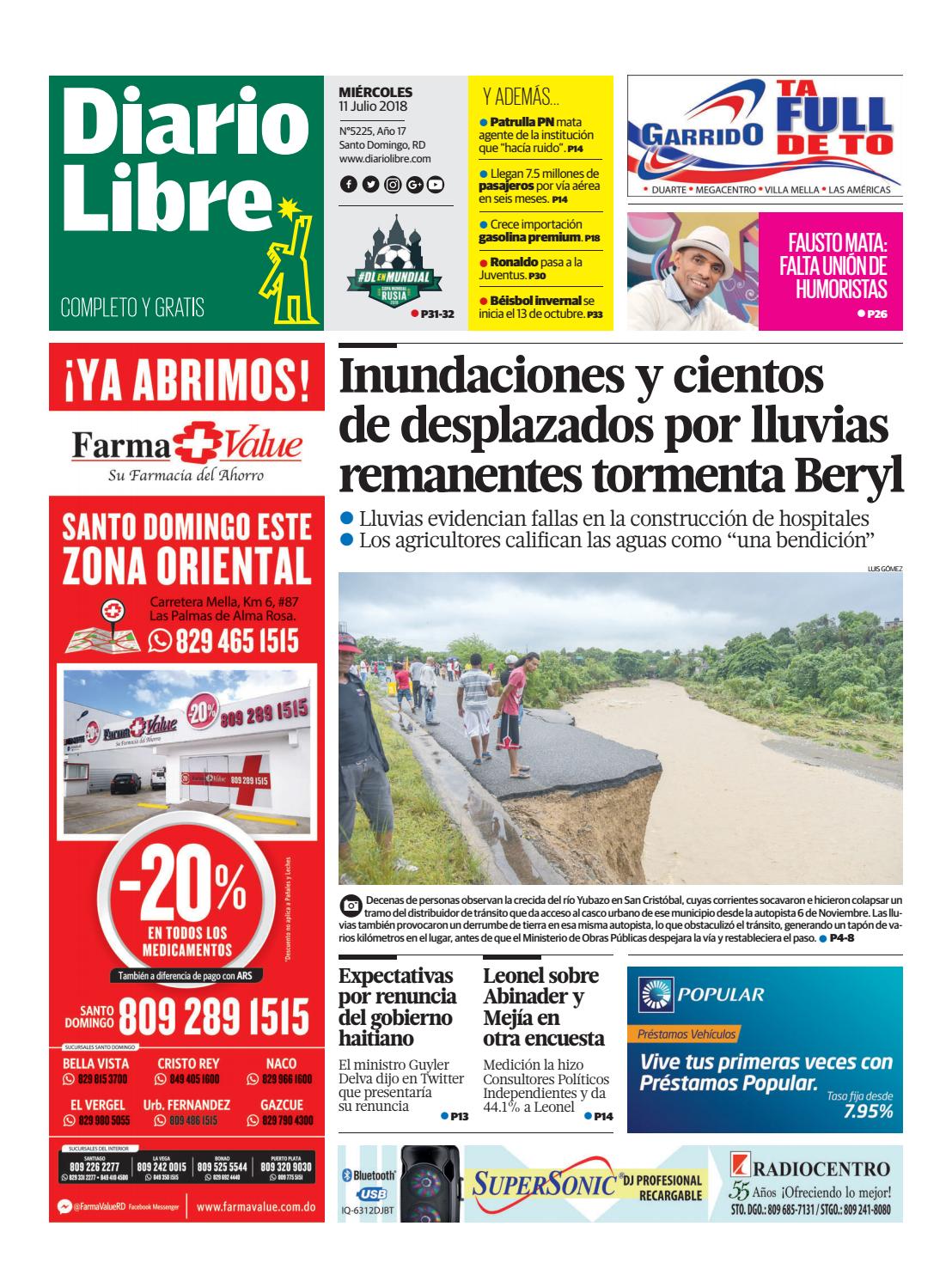 Portada Periódico Diario Libre, Miércoles 11 de Julio 2018