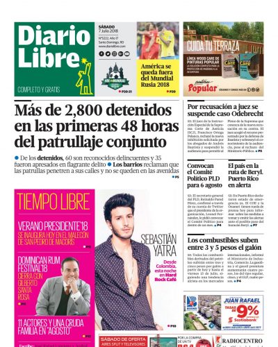 Portada Periódico Diario Libre, Sábado 07 de Julio 2018