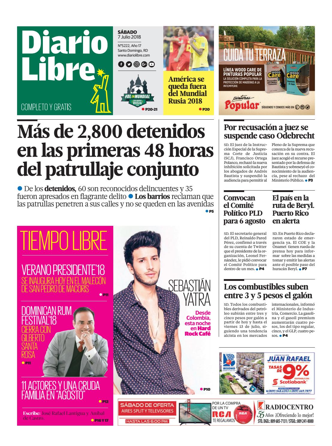 Portada Periódico Diario Libre, Sábado 07 de Julio 2018