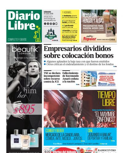 Portada Periódico Diario Libre, Sábado 14 de Julio 2018