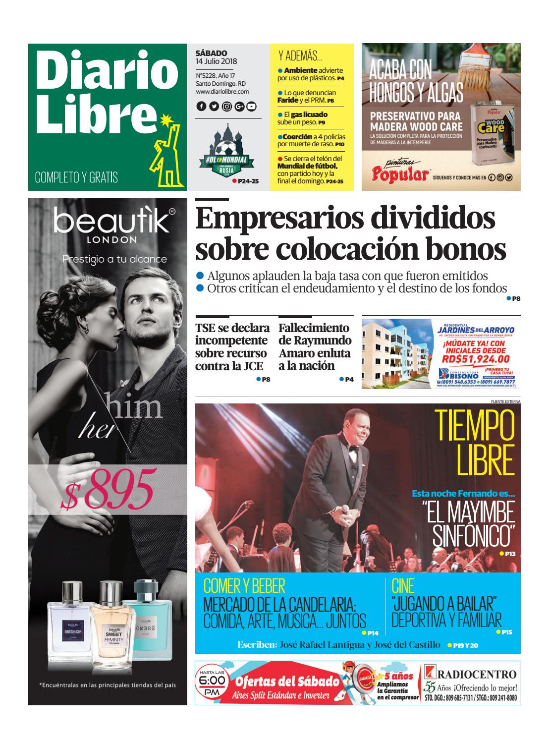 Portada Periódico Diario Libre, Sábado 14 de Julio 2018