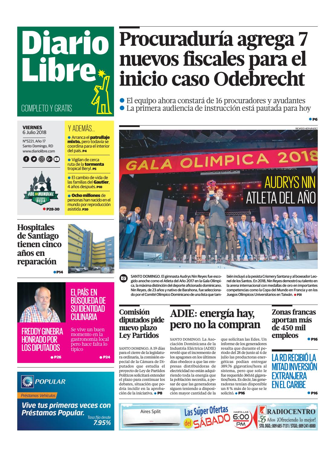 Portada Periódico Diario Libre, Viernes 06 de Julio 2018