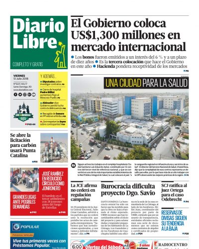 Portada Periódico Diario Libre, Viernes 13 de Julio 2018