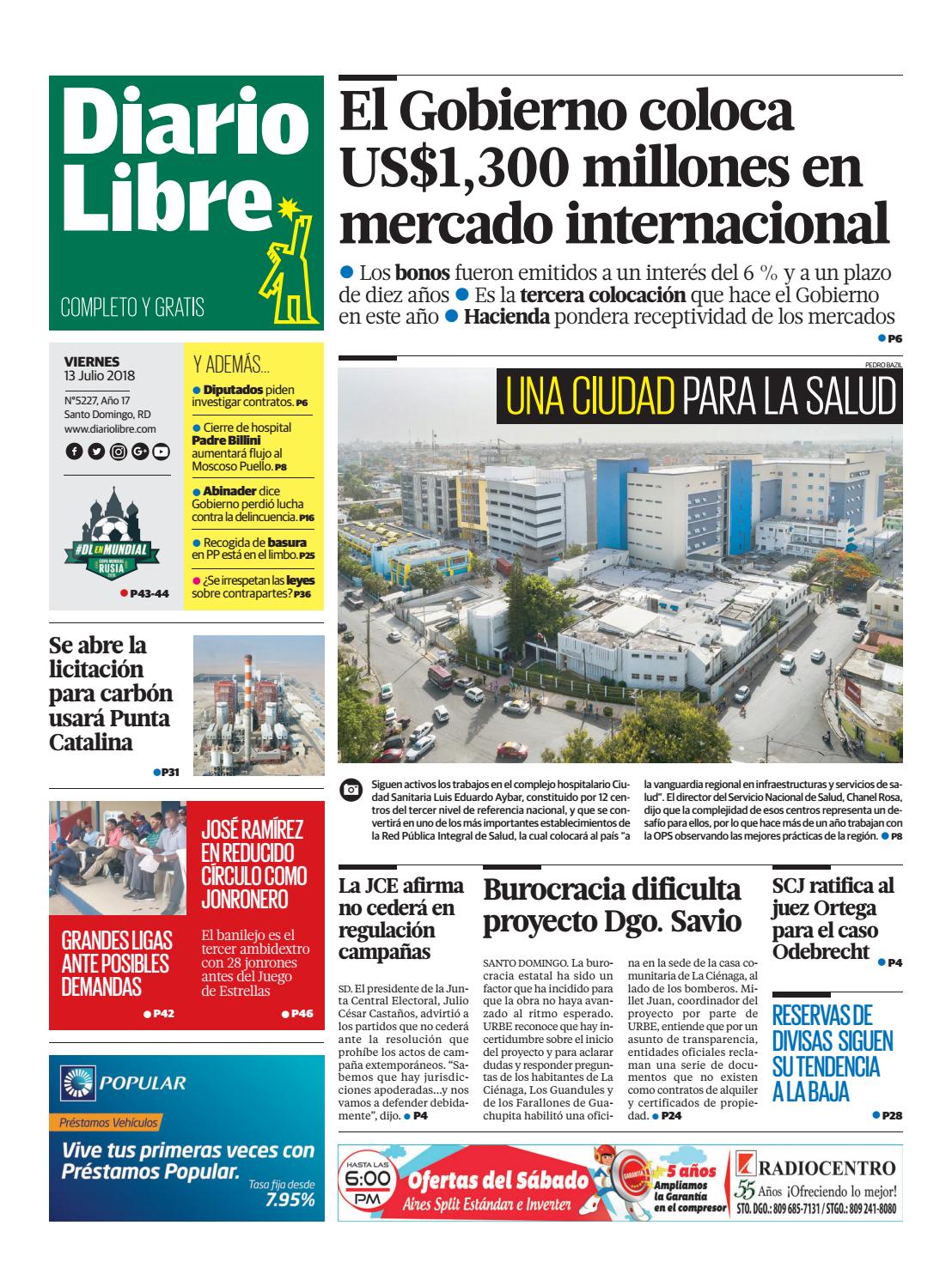 Portada Periódico Diario Libre, Viernes 13 de Julio 2018