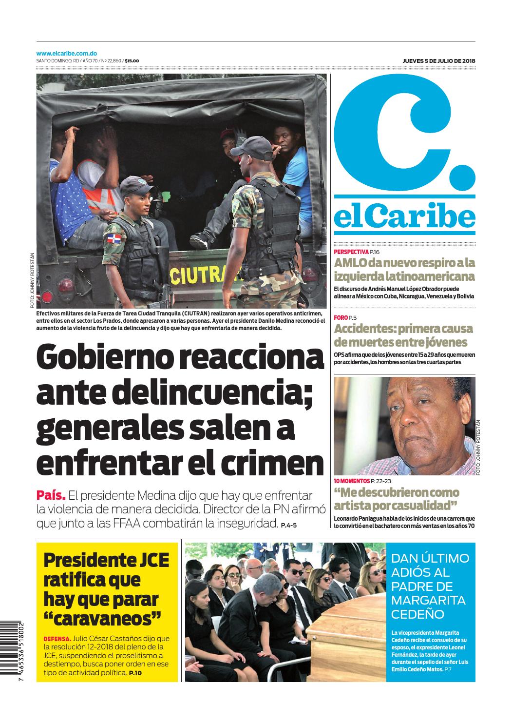 Portada Periódico El Caribe, Jueves 05 de Julio 2018