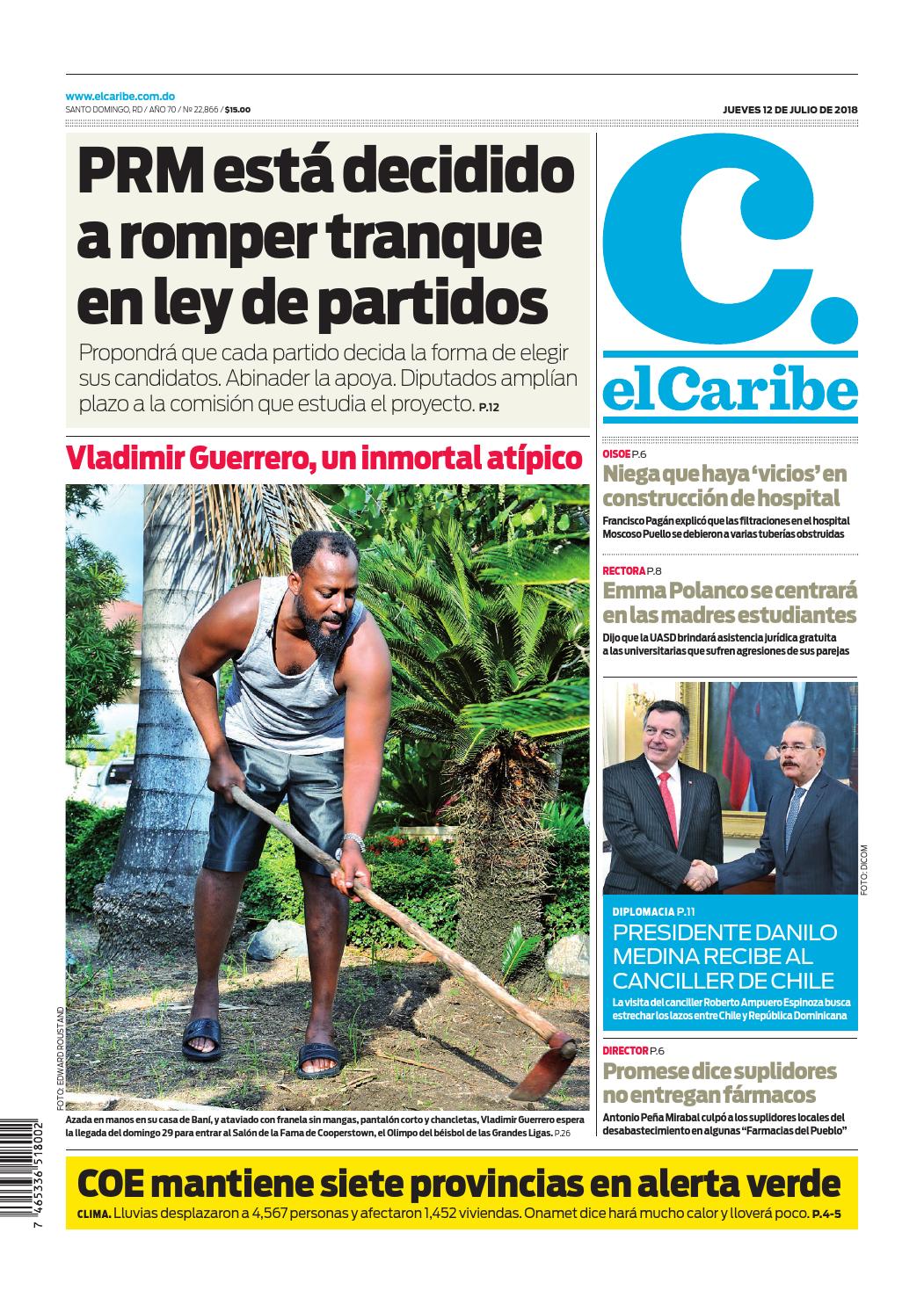 Portada Periódico El Caribe, Jueves 12 de Julio 2018