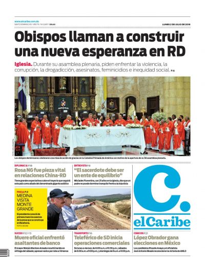 Portada Periódico El Caribe, Lunes 02 Julio 2018