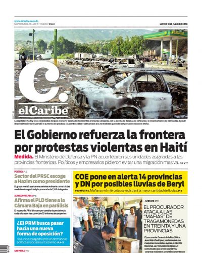 Portada Periódico El Caribe, Lunes 09 de Julio 2018